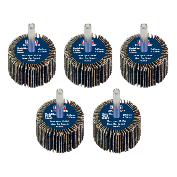 Sealey FW4030405 Abrasive Flap Wheel Diameter 40 x 30mm 40Grit Diameter 6mm Shaft - Pack of 5