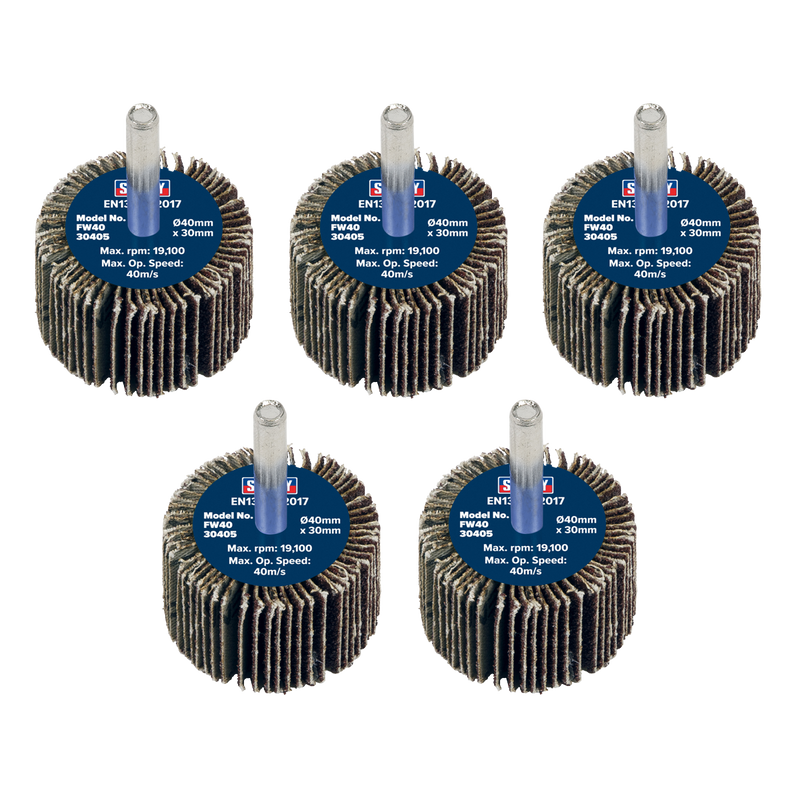 Sealey FW4030405 Abrasive Flap Wheel Diameter 40 x 30mm 40Grit Diameter 6mm Shaft - Pack of 5