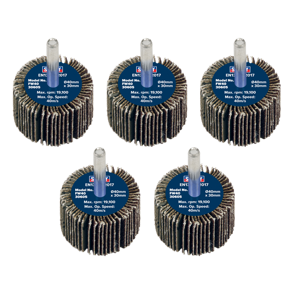 Sealey FW4030605 Abrasive Flap Wheel Diameter 40 x 30mm 60Grit Diameter 6mm Shaft - Pack of 5