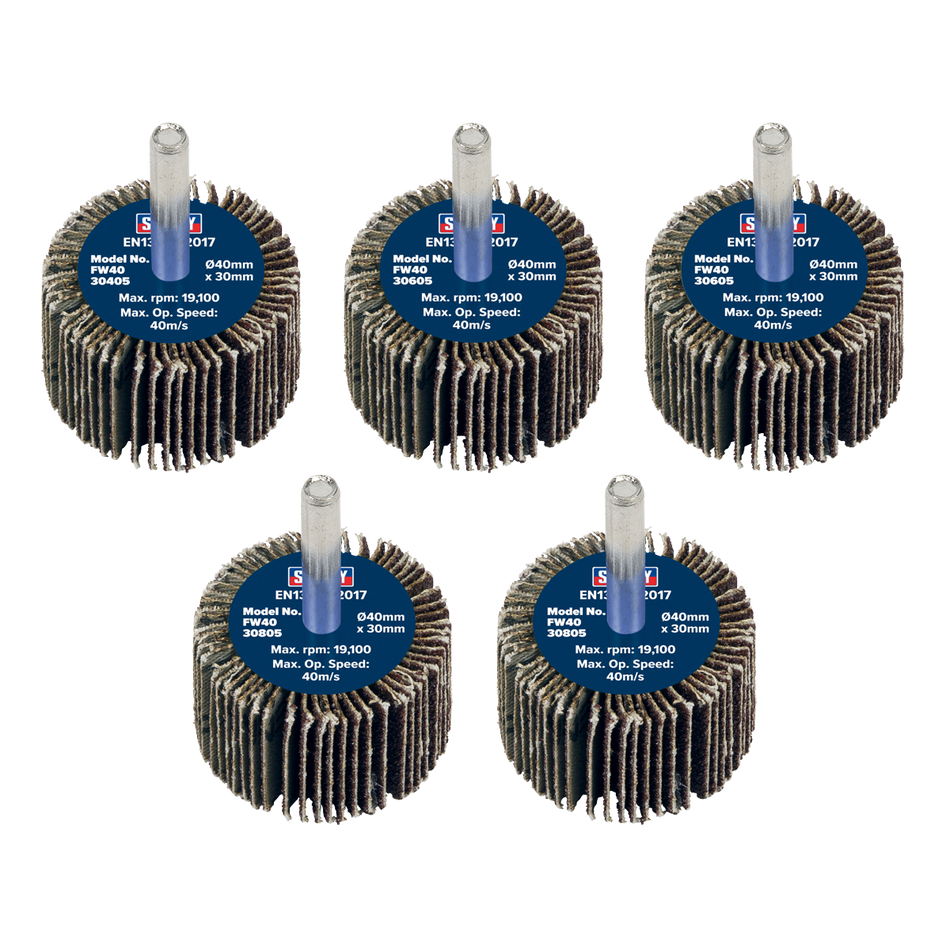 Sealey FW4030ASS Abrasive Flap Wheel Diameter 40 x 30mm Diameter 6mm Shaft Assorted Grit - Pack of 5