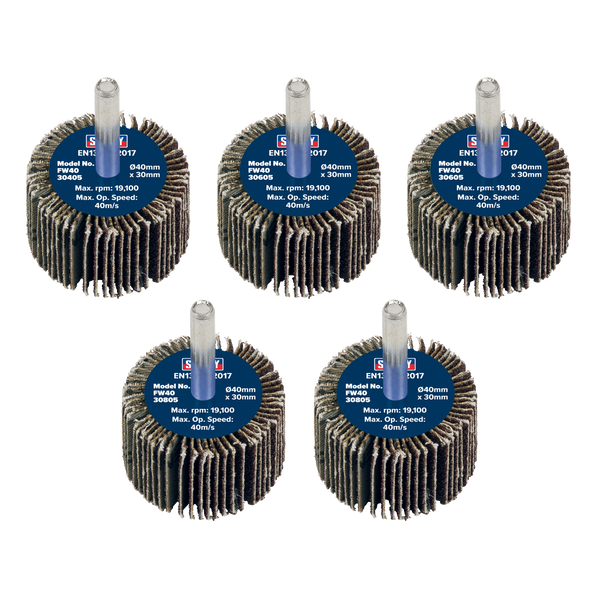 Sealey FW4030ASS Abrasive Flap Wheel Diameter 40 x 30mm Diameter 6mm Shaft Assorted Grit - Pack of 5