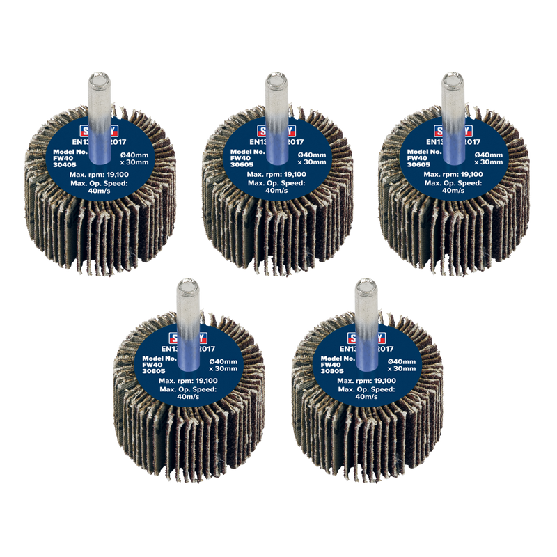 Sealey FW4030ASS Abrasive Flap Wheel Diameter 40 x 30mm Diameter 6mm Shaft Assorted Grit - Pack of 5