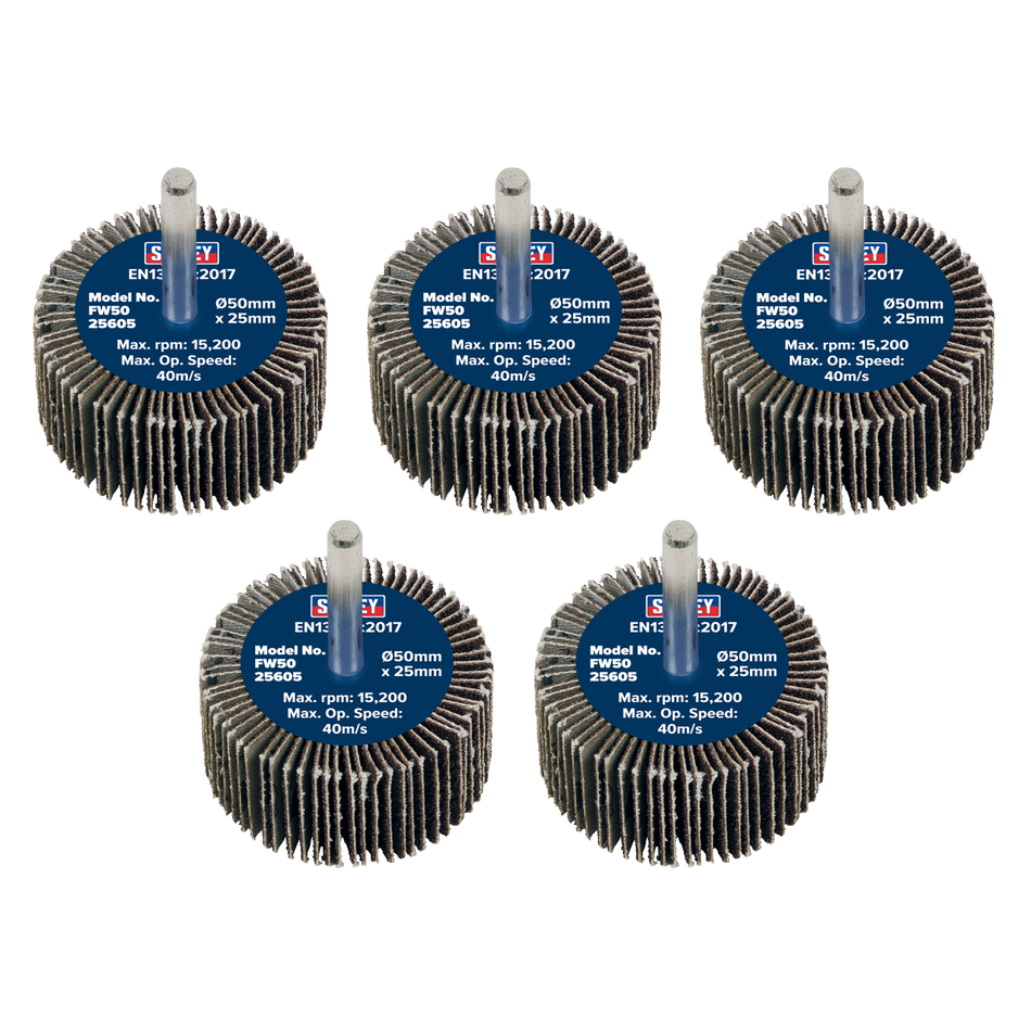 Sealey FW5025605 Abrasive Flap Wheel Diameter 50 x 25mm 60Grit Diameter 6mm Shaft - Pack of 5