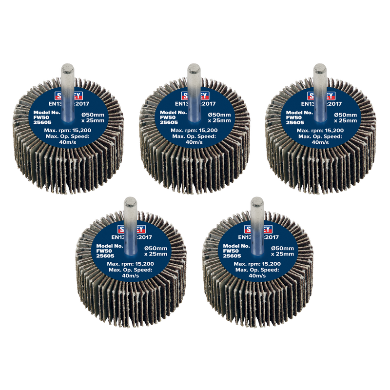 Sealey FW5025605 Abrasive Flap Wheel Diameter 50 x 25mm 60Grit Diameter 6mm Shaft - Pack of 5
