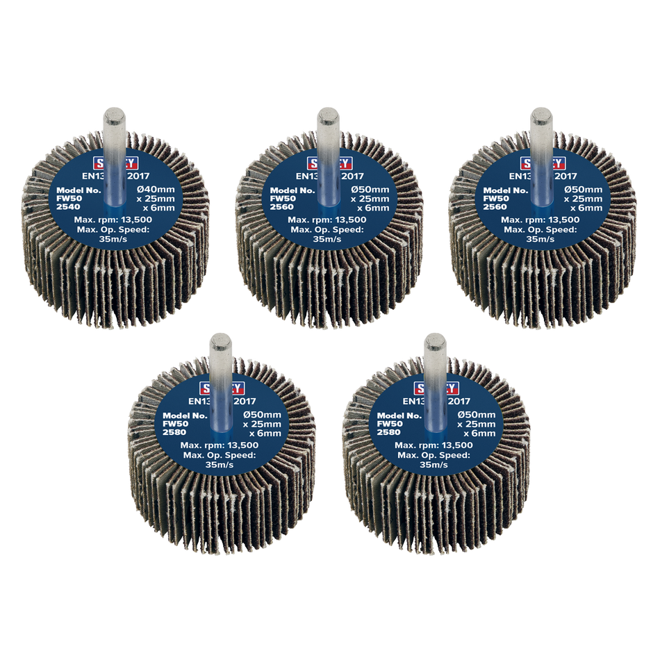 Sealey FW5025ASS Abrasive Flap Wheel Diameter 50 x 25mm Diameter 6mm Shaft Assorted Grit - Pack of 5