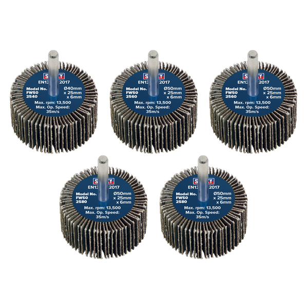 Sealey FW5025ASS Abrasive Flap Wheel Diameter 50 x 25mm Diameter 6mm Shaft Assorted Grit - Pack of 5