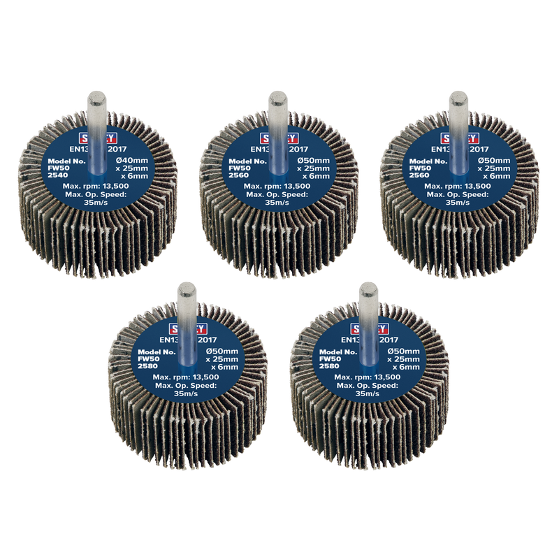 Sealey FW5025ASS Abrasive Flap Wheel Diameter 50 x 25mm Diameter 6mm Shaft Assorted Grit - Pack of 5
