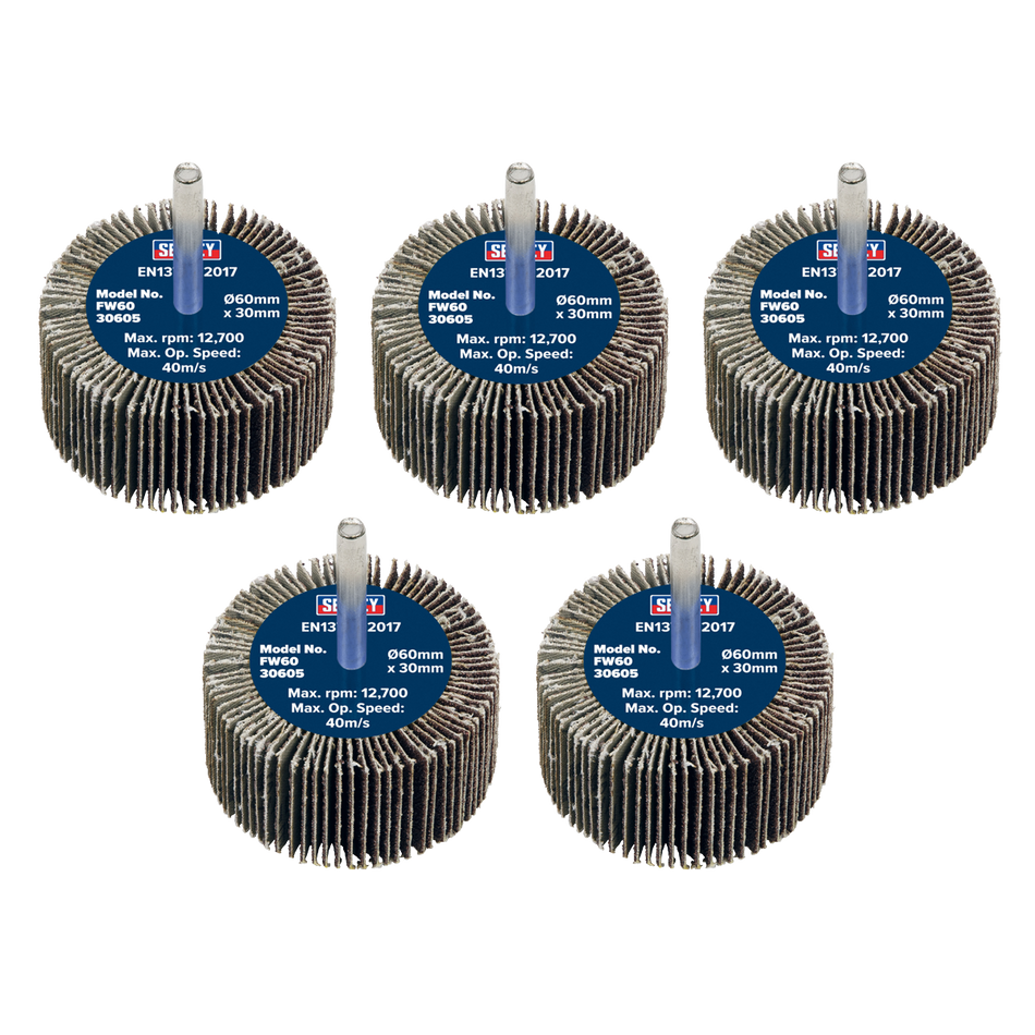 Sealey FW6030605 Abrasive Flap Wheel Diameter 60 x 30mm 60Grit Diameter 6mm Shaft - Pack of 5