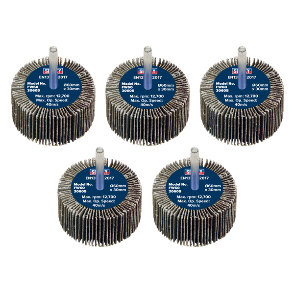 Sealey FW6030605 Abrasive Flap Wheel Diameter 60 x 30mm 60Grit Diameter 6mm Shaft - Pack of 5
