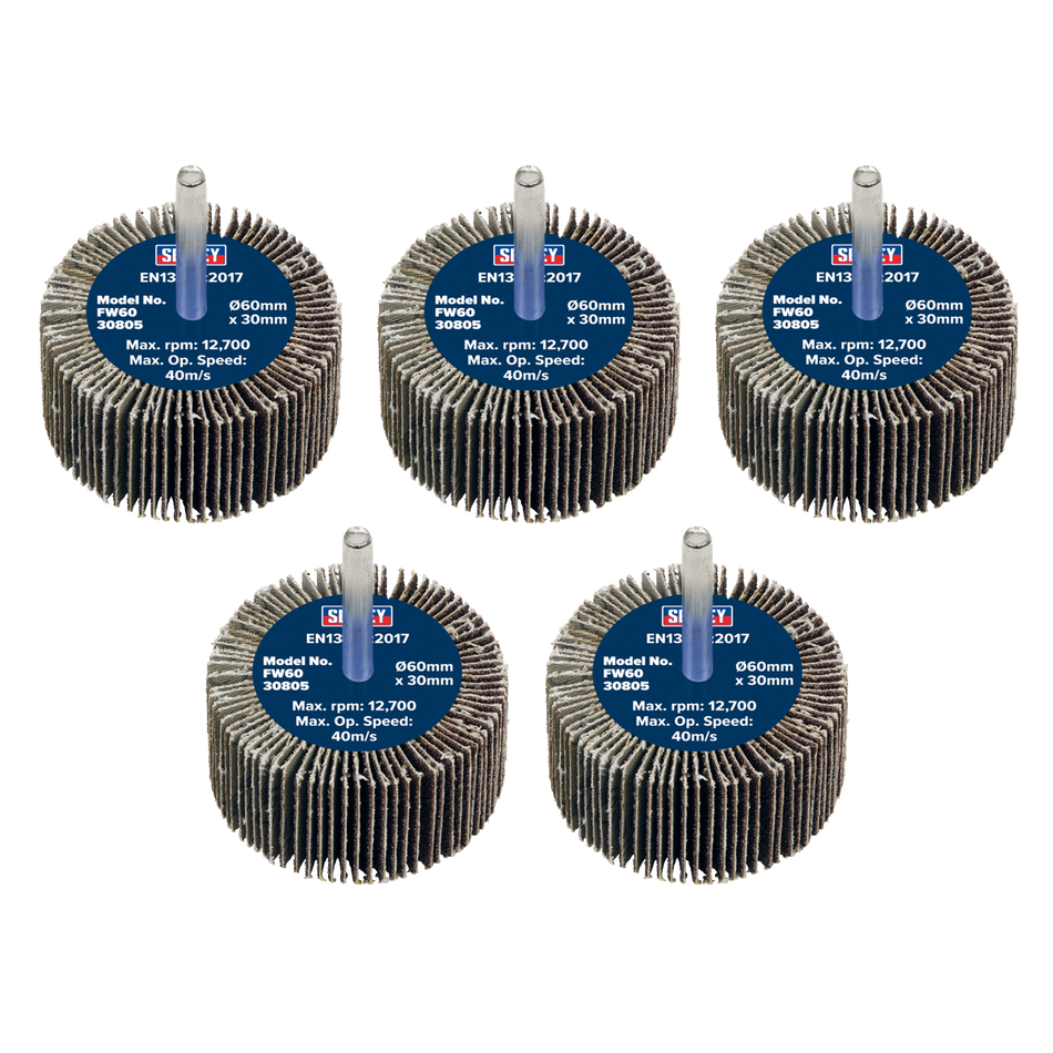 Sealey FW6030805 Abrasive Flap Wheel Diameter 60 x 30mm 80Grit Diameter 6mm Shaft - Pack of 5