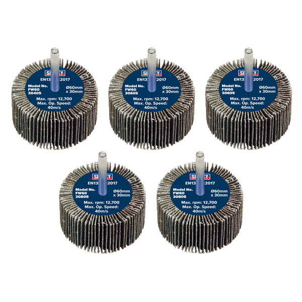 Sealey FW6030ASS Abrasive Flap Wheel Diameter 60 x 30mm Diameter 6mm Shaft Assorted Grit - Pack of 5