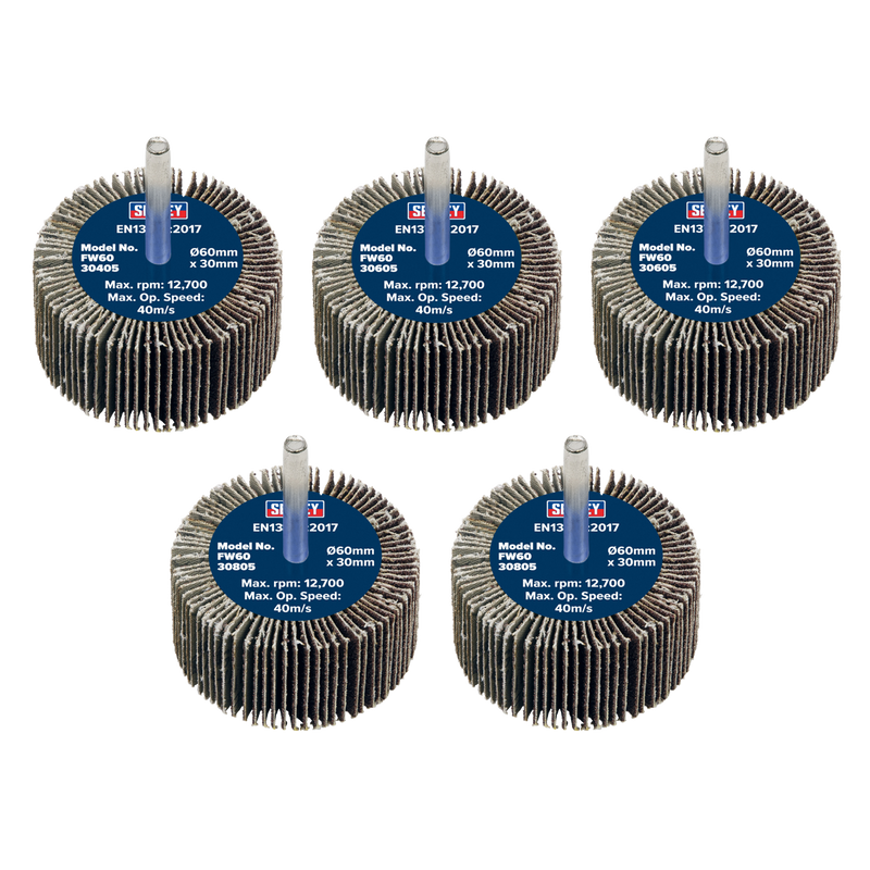 Sealey FW6030ASS Abrasive Flap Wheel Diameter 60 x 30mm Diameter 6mm Shaft Assorted Grit - Pack of 5