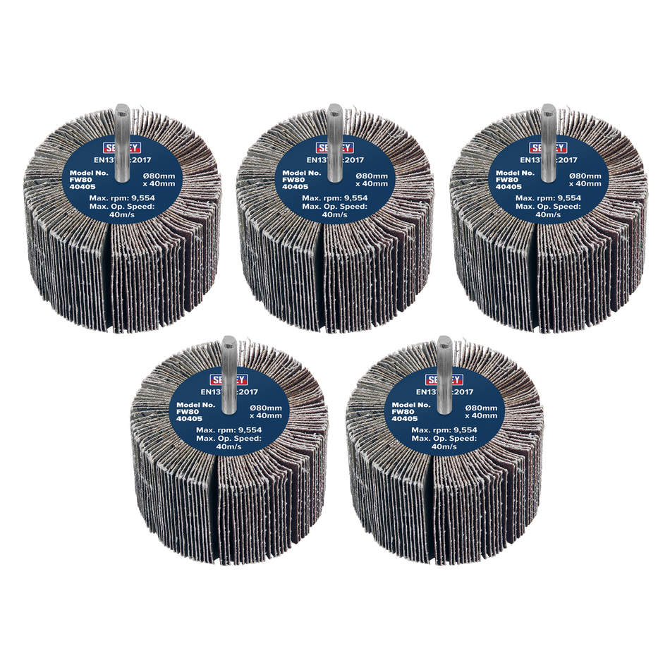 Sealey FW8040405 Abrasive Flap Wheel Diameter 80 x 40mm 40Grit Diameter 6mm Shaft - Pack of 5