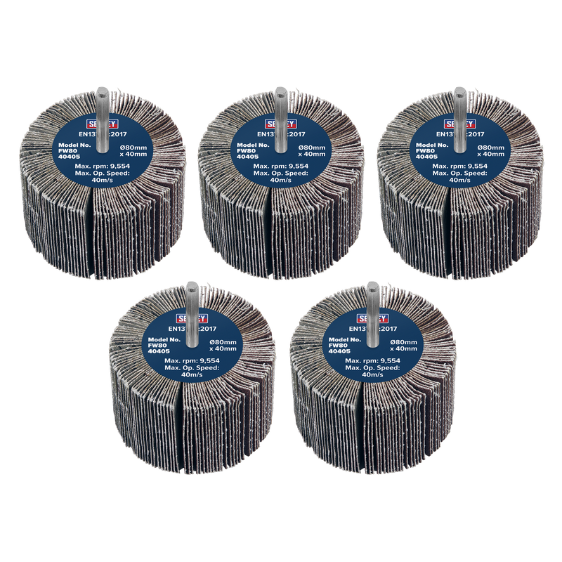 Sealey FW8040405 Abrasive Flap Wheel Diameter 80 x 40mm 40Grit Diameter 6mm Shaft - Pack of 5