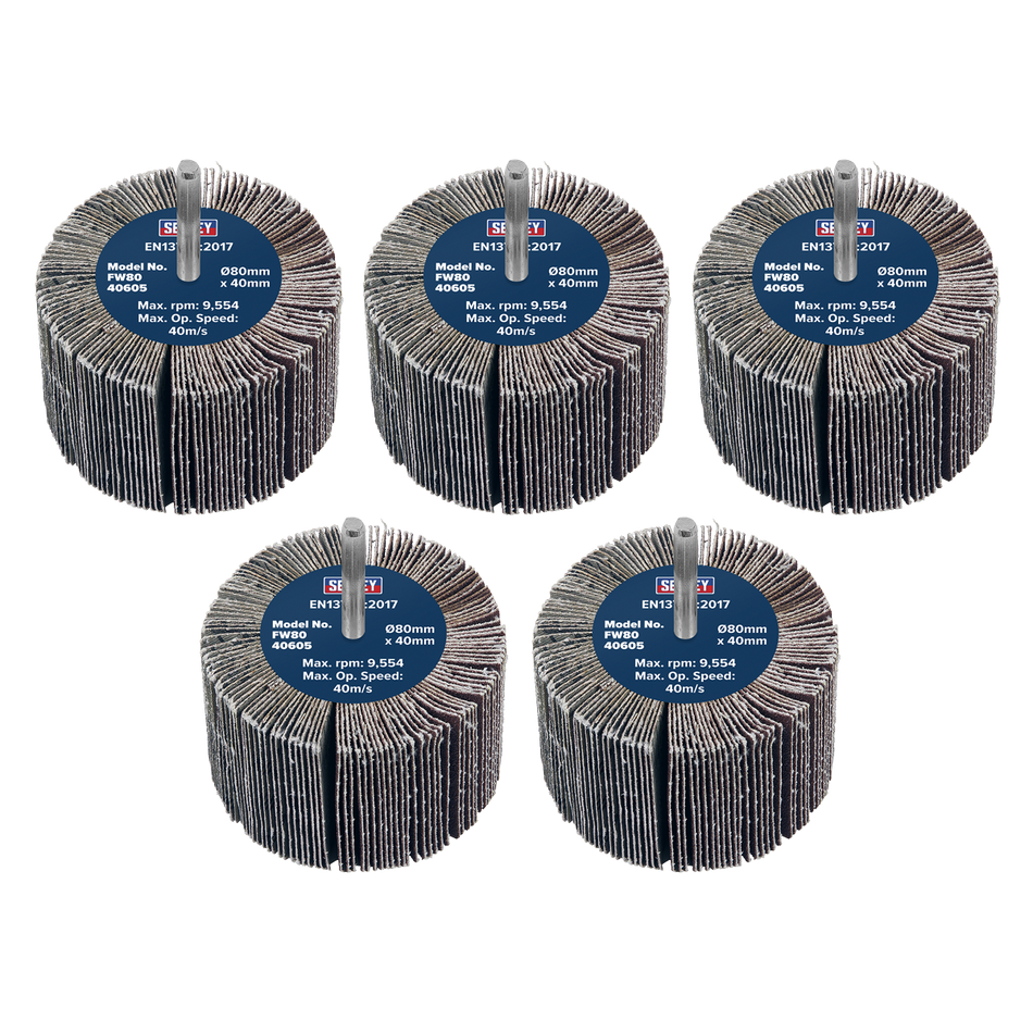 Sealey FW8040605 Abrasive Flap Wheel Diameter 80 x 40mm 60Grit Diameter 6mm Shaft - Pack of 5