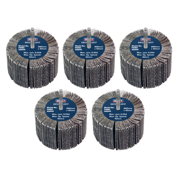 Sealey FW8040605 Abrasive Flap Wheel Diameter 80 x 40mm 60Grit Diameter 6mm Shaft - Pack of 5