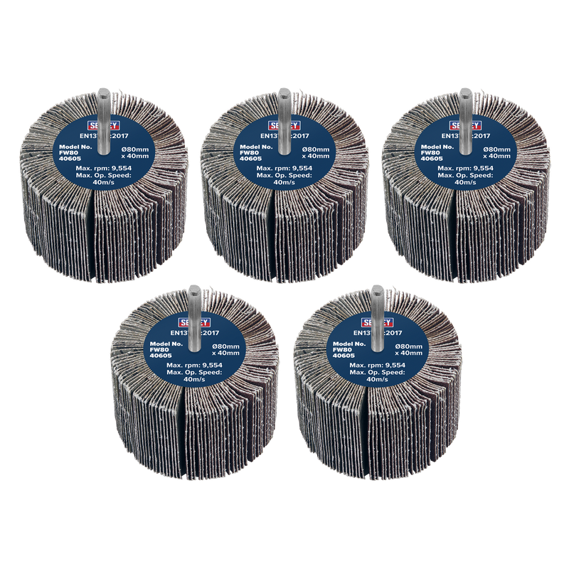 Sealey FW8040605 Abrasive Flap Wheel Diameter 80 x 40mm 60Grit Diameter 6mm Shaft - Pack of 5