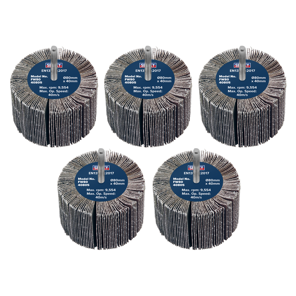 Sealey FW8040805 Abrasive Flap Wheel Diameter 80 x 40mm 80Grit Diameter 6mm Shaft - Pack of 5