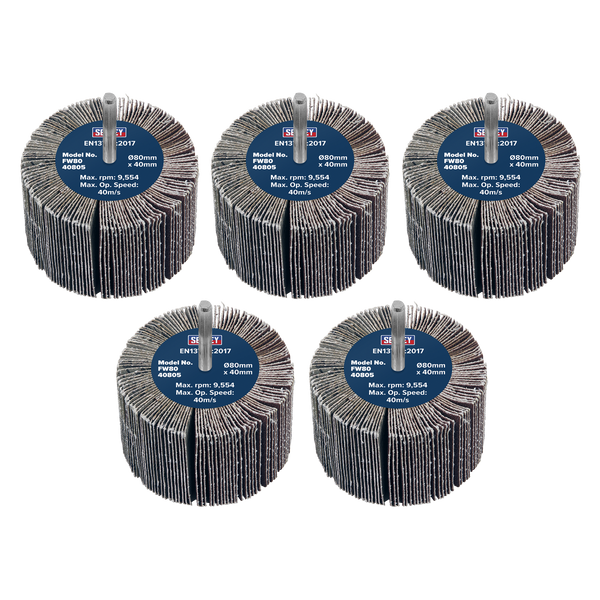 Sealey FW8040805 Abrasive Flap Wheel Diameter 80 x 40mm 80Grit Diameter 6mm Shaft - Pack of 5