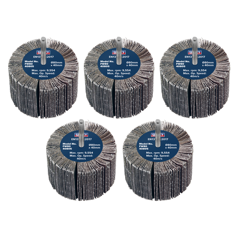 Sealey FW8040805 Abrasive Flap Wheel Diameter 80 x 40mm 80Grit Diameter 6mm Shaft - Pack of 5