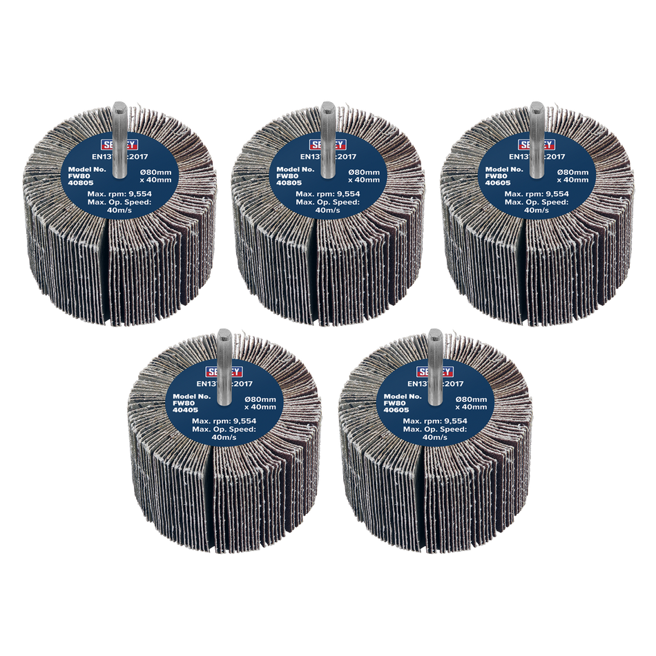 Sealey FW8040ASS Abrasive Flap Wheel Diameter 80 x 40mm Diameter 6mm Shaft Assorted Grit - Pack of 5