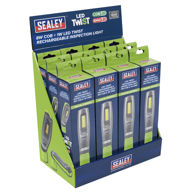 Sealey LED1001GDB LED Twist Rechargeable Inspection Light, Green - Box of 12