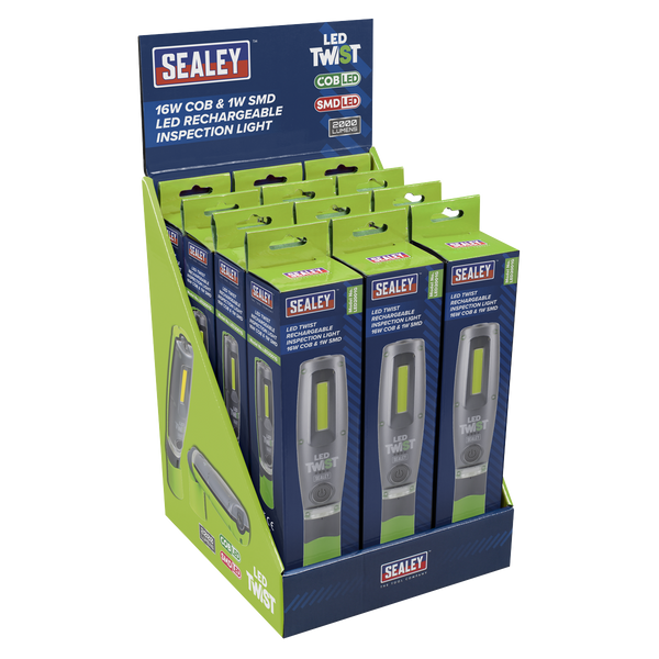 Sealey LED2001GDB Rechargeable Inspection Light 16W COB & 1W SMD LED - Green - Display Box of 12