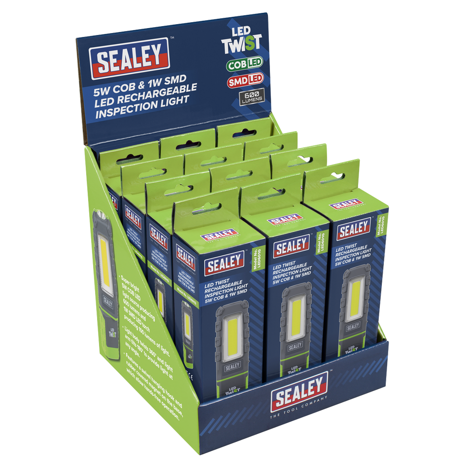 Sealey LED601GDB LED Twist Rechargeable Inspection Light, Green - Box of 12