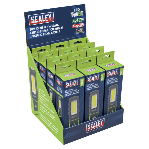 Sealey LED601GDB LED Twist Rechargeable Inspection Light, Green - Box of 12