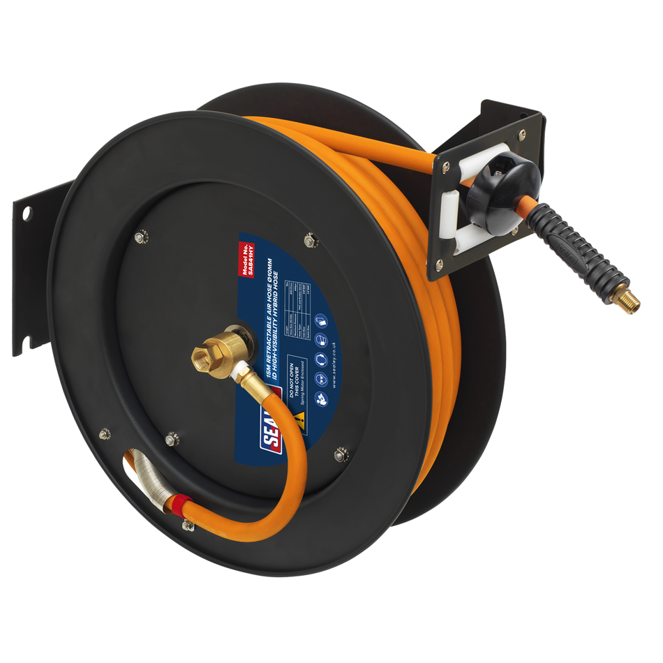 Sealey SA841HY Retractable Metal Reel 15m Diameter 10mm ID High-Visibility Hybrid Air Hose