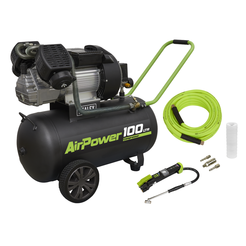 Sealey SAC10030VEKIT Air Compressor 100L Direct Drive 3hp & Air Accessory Kit