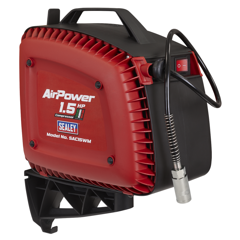 Sealey SAC15WM Wall Mounting Oil Free Air Compressor 1.5hp with 7m Retractable Hose Reel