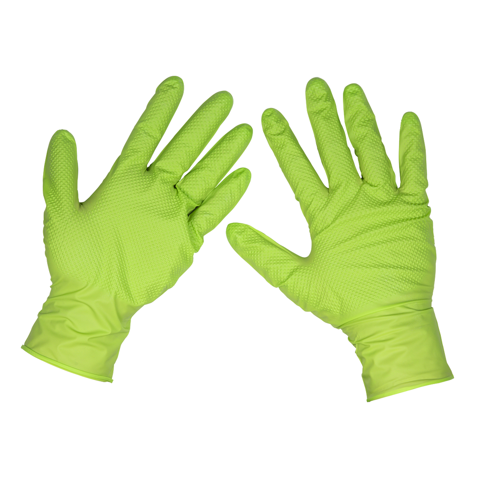 Sealey SSP54L Diamond Grip Extra-Thick Nitrile Powder-Free Gloves, Hi-Vis Green, Large - Pack of 50