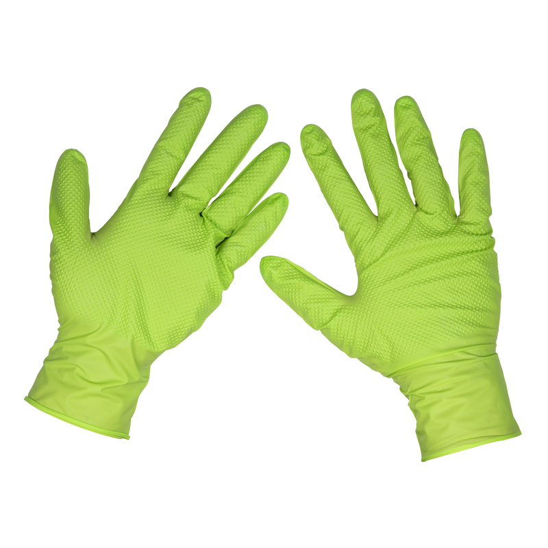 Sealey SSP54L Diamond Grip Extra-Thick Nitrile Powder-Free Gloves, Hi-Vis Green, Large - Pack of 50