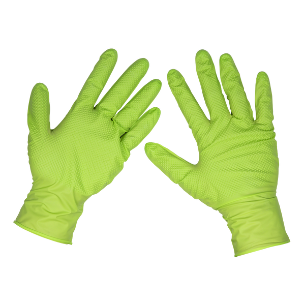 Sealey SSP54XL Diamond Grip Extra-Thick Nitrile Powder-Free Gloves, Hi-Vis Green, X-Large - Pack of 50