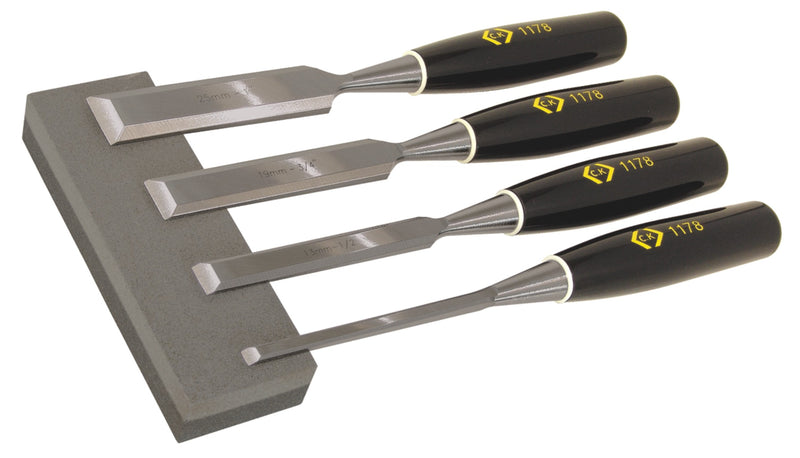 C. K Tools T1180 Bevelled Edge Wood Chisel Set of 4 + Stone