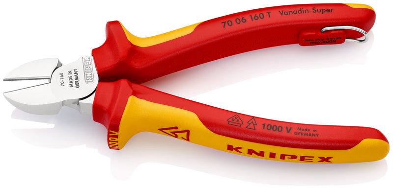 KNIPEX 70 06 160 T Diagonal Cutter insulated with multi-component grips, VDE-tested with integrated insulated tether attachment point for a tool tether chrome-plated 160 mm