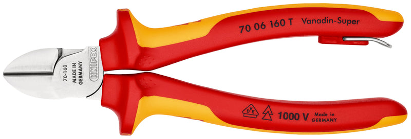 KNIPEX 70 06 160 T Diagonal Cutter insulated with multi-component grips, VDE-tested with integrated insulated tether attachment point for a tool tether chrome-plated 160 mm