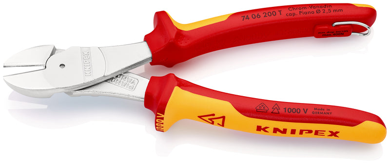 KNIPEX 74 06 200 T High Leverage Diagonal Cutter insulated with multi-component grips, VDE-tested with integrated insulated tether attachment point for a tool tether chrome-plated 200 mm