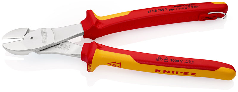 KNIPEX 74 06 250 T High Leverage Diagonal Cutter insulated with multi-component grips, VDE-tested with integrated insulated tether attachment point for a tool tether chrome-plated 250 mm