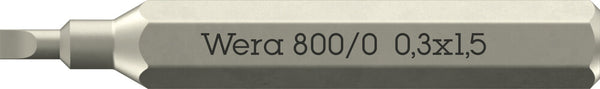 Wera 05058104001 800/0 Micro bits for slotted screws, 0.3 x 1.5 x 30 mm, 4mm Hexagon Drive
