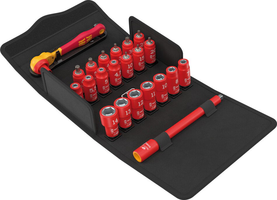Wera 05004967001 8100 SA VDE 1 Zyklop ratchet set, insulated, reversing lever, 1/4" drive, metric, 22 pieces