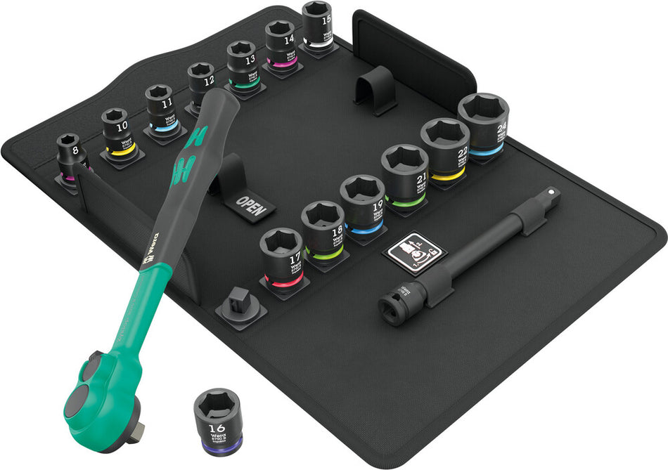 Wera 05005530001 8100 SB 12 Zyklop Comfort Ratchet set, reversing lever, 3/8" drive, metric, 16 pieces