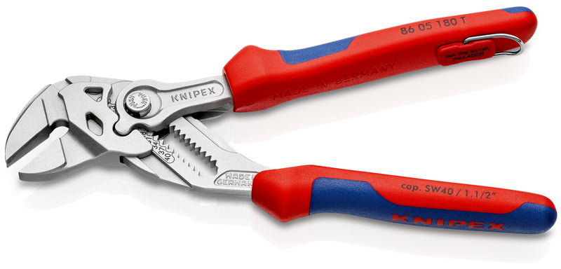 KNIPEX 86 05 180 T Pliers Wrench pliers and a wrench in a single tool with multi-component grips, with integrated tether attachment point for a tool tether chrome-plated 180 mm