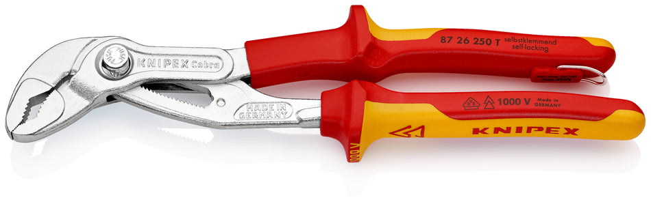 KNIPEX 87 26 250 T CobraÂ¨ VDE High-Tech Water Pump Pliers, insulated insulated with multi-component grips, VDE-tested with integrated insulated tether attachment point for a tool tether chrome-plated 250 mm