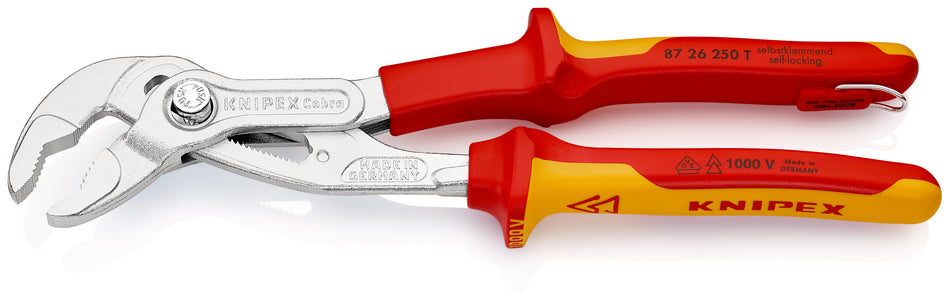 KNIPEX 87 26 250 T CobraÂ¨ VDE High-Tech Water Pump Pliers, insulated insulated with multi-component grips, VDE-tested with integrated insulated tether attachment point for a tool tether chrome-plated 250 mm