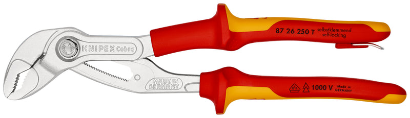 KNIPEX 87 26 250 T Cobra¨ VDE High-Tech Water Pump Pliers, insulated insulated with multi-component grips, VDE-tested with integrated insulated tether attachment point for a tool tether chrome-plated 250 mm