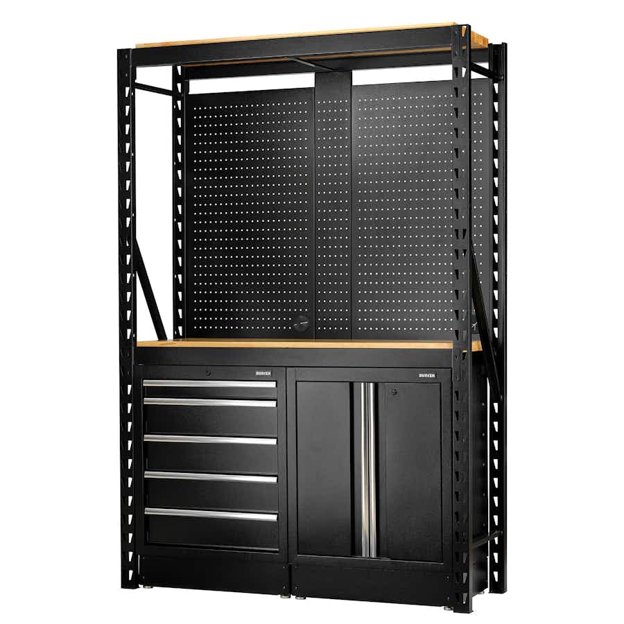 BUNKER® 27912 15 Piece Modular Storage Combo 2 Tier Racking with Hardwood Shelving, Pegboards and Floor Cabinets, 1500mm