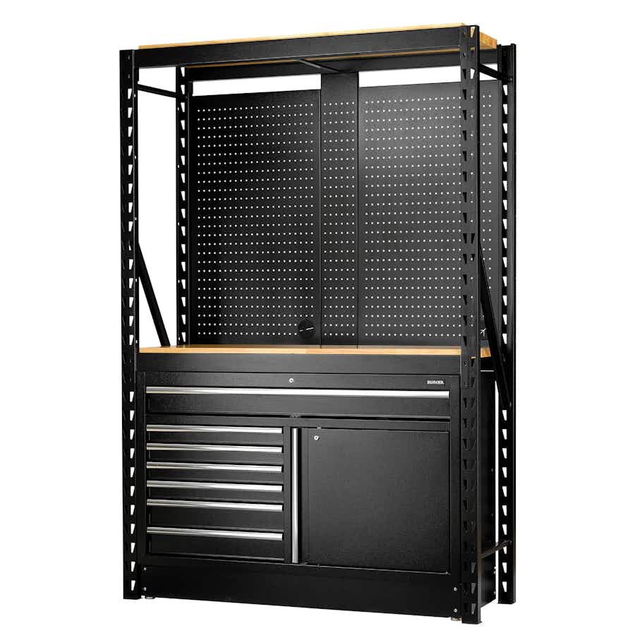BUNKER® 28005 14 Piece Modular Storage Combo 2 Tier Racking with Hardwood Shelving, Pegboards and Floor Cabinet, 1500mm
