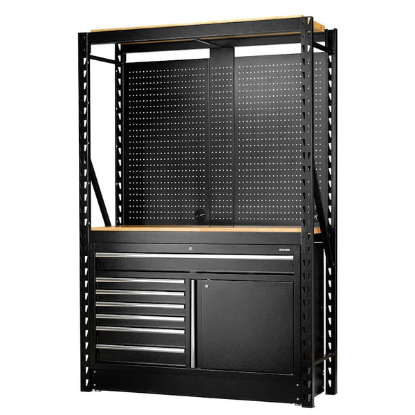 BUNKER&#174 28005 14 Piece Modular Storage Combo 2 Tier Racking with Hardwood Shelving, Pegboards and Floor Cabinet, 1500mm